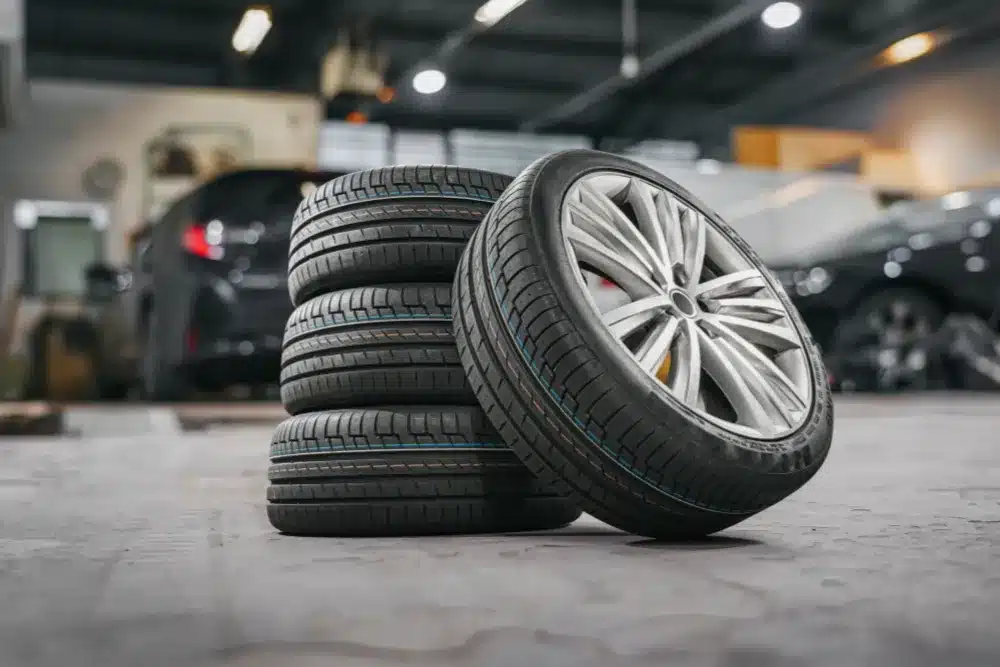 Tire repair, auto repair in Perryville, Ste. Genevieve, MO and Sparta, IL by Charlie’s Tire and Fast Lube. Image of a stack of brand-new tires and a mounted wheel displayed inside an automotive service shop.