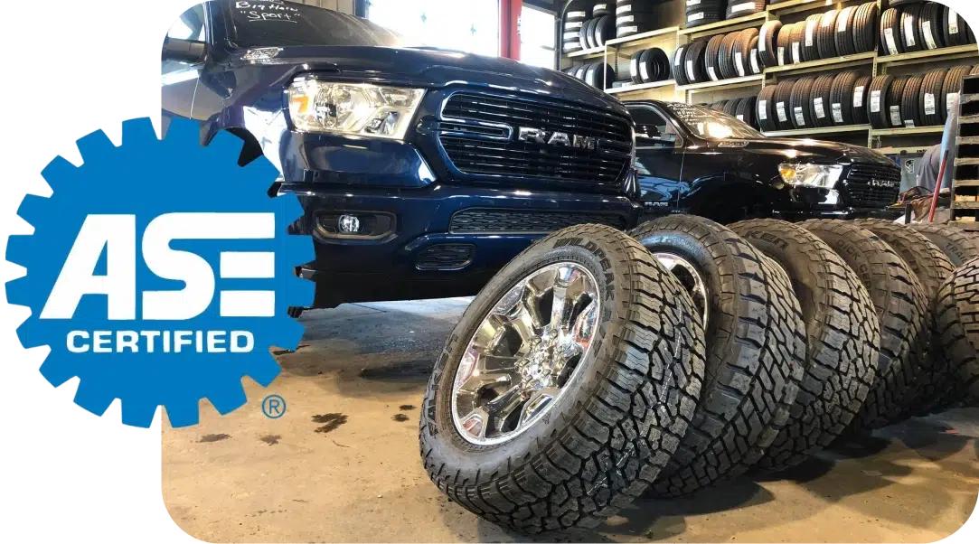 Blue truck with tires displayed