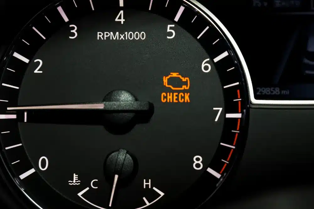 Check engine light, auto repair in Sparta, IL, at Charlie's Tire and Automotive. An image of an illuminated check engine light on a vehicle dashboard, indicating an engine or emissions system issue that requires professional diagnostic testing and repair.