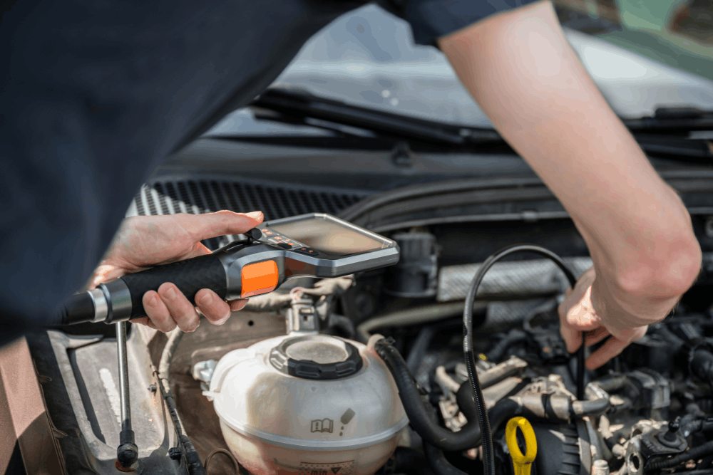 Car noises, auto repair in Ste. Genevieve, MO at Charlie’s Tire and Automotive. Image of a technician using a handheld inspection camera in an open engine bay for accurate troubleshooting.