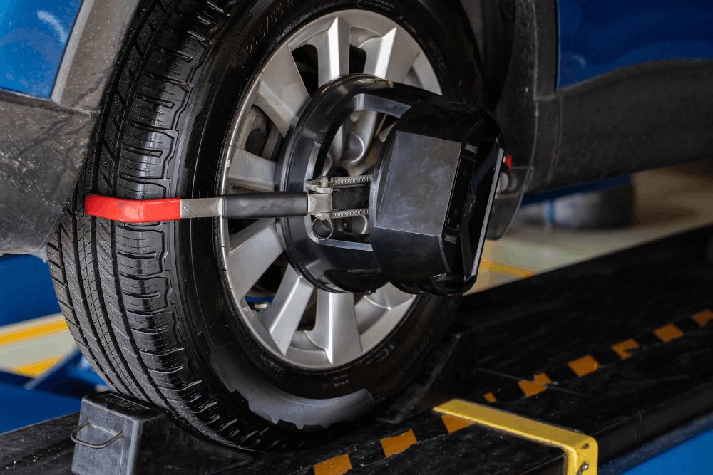 Wheel alignment service, auto repair in Perryville, MO at Charlie’s Tire and Automotive. Image of an alignment sensor mounted on a vehicle wheel to support proper handling and even tire wear.