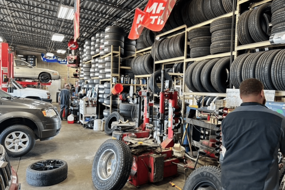 Tire Care Service In Perryville MO at Charlie's Tire and Automotive. Image of a tire care inventory and service area in a mechanic shop